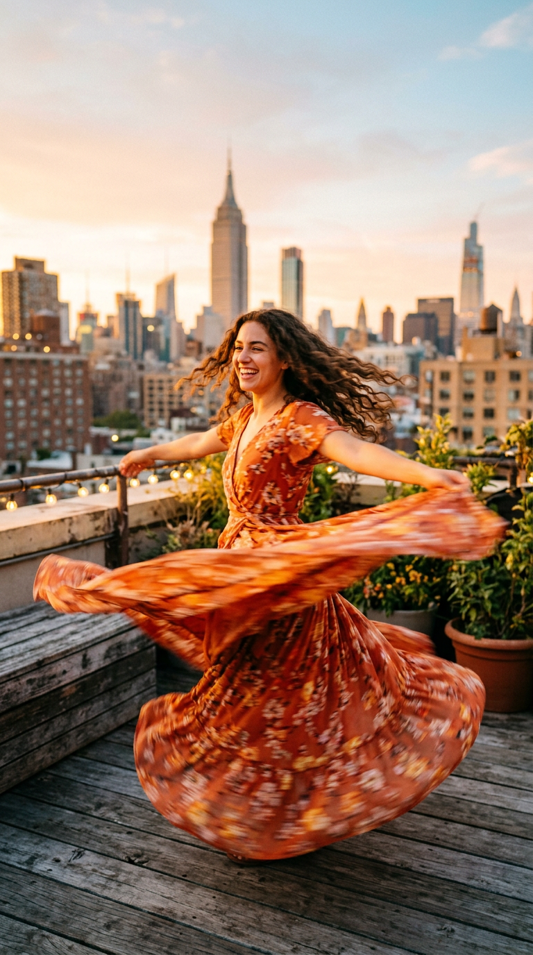 Woman spinning in a flowing dress on a rooftop at golden hour
