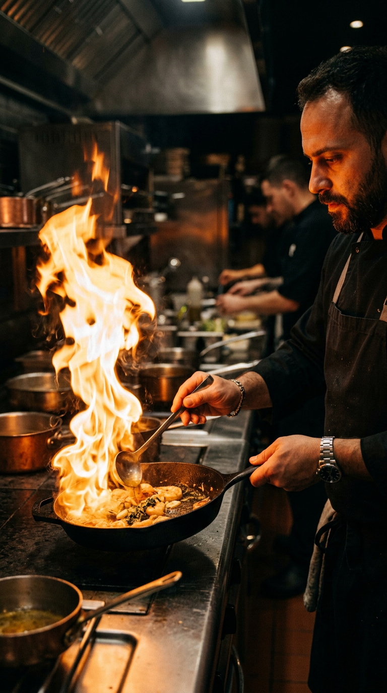 Chef flambéing a pan in a restaurant kitchen