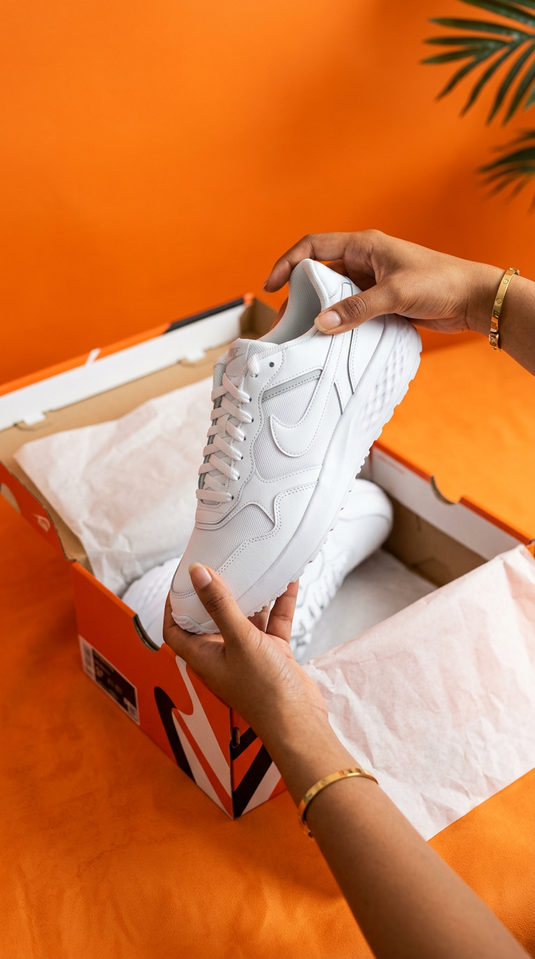 Hands lifting a white sneaker out of a box on an orange backdrop