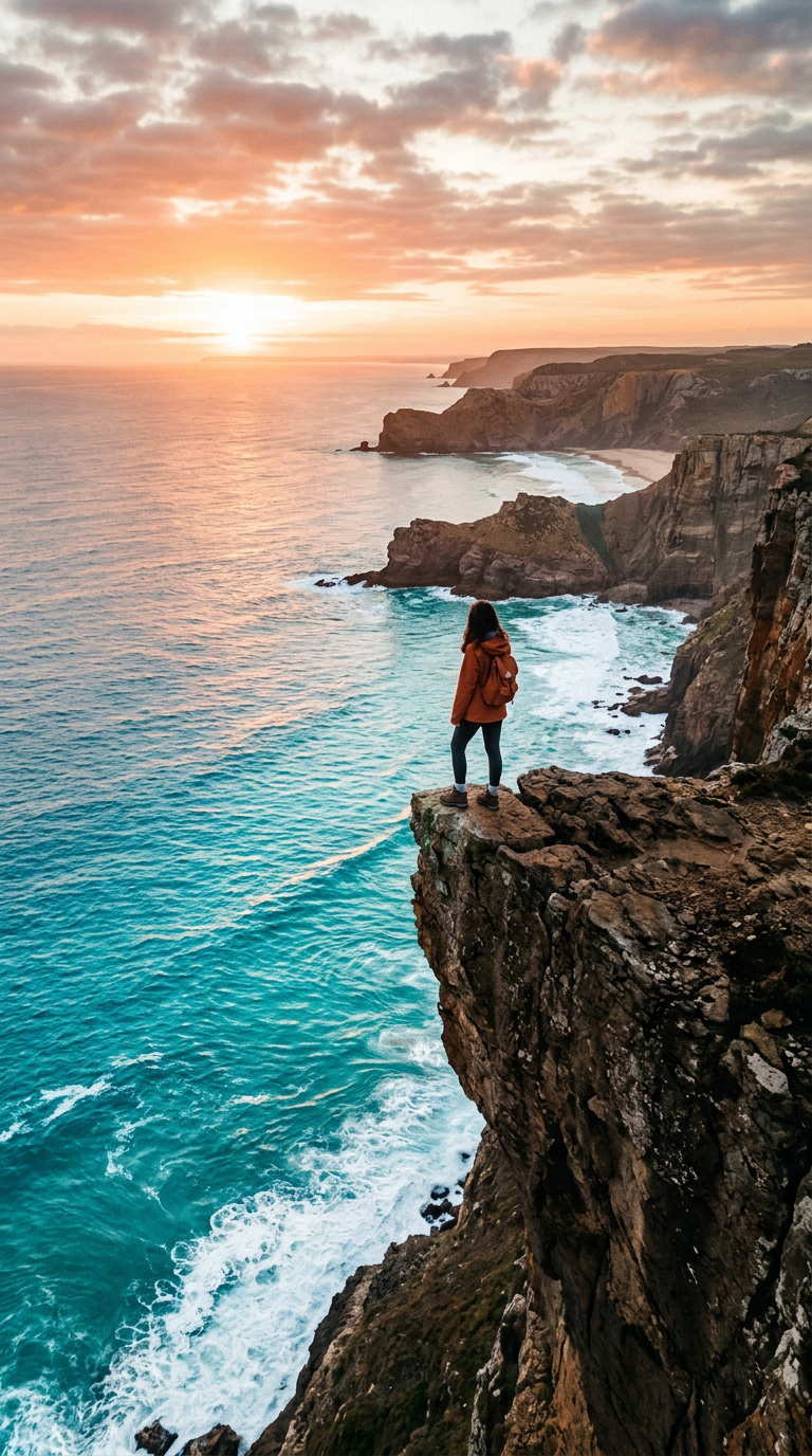 Person standing on a cliff edge above a turquoise sea at sunrise