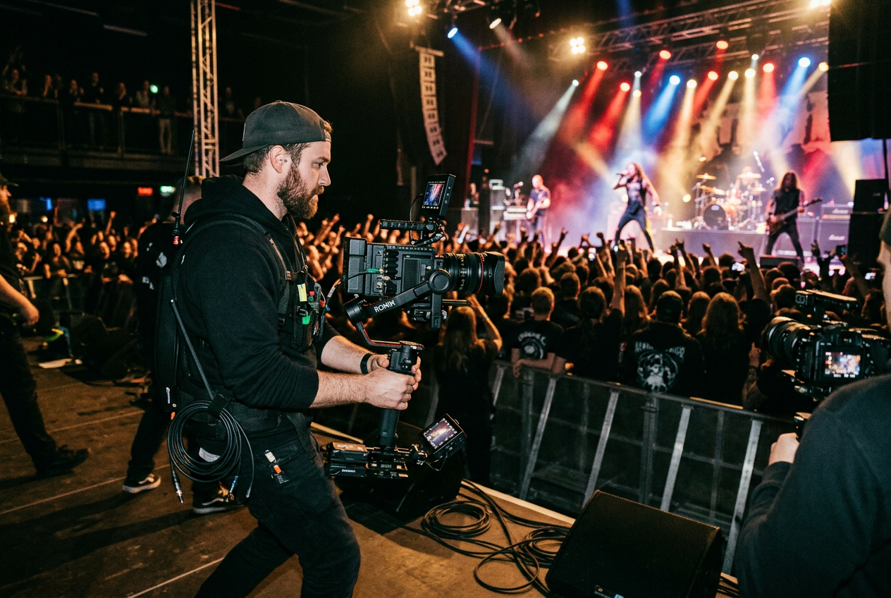 Videographer filming a live concert with a gimbal