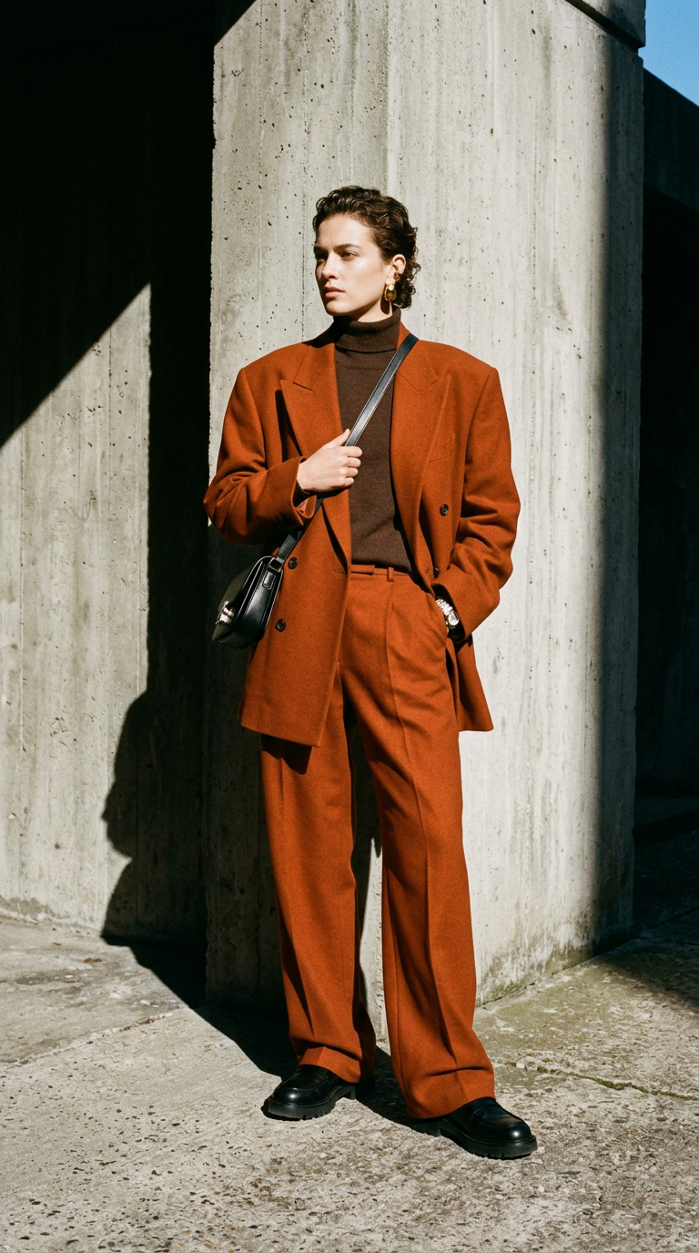 Model in a rust orange suit against a sunlit concrete wall