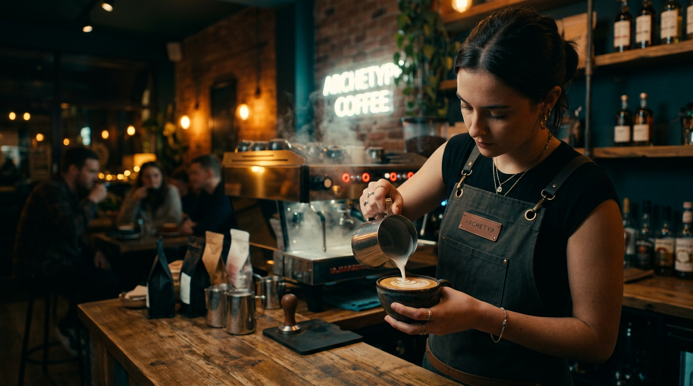 Cinematic still of a barista pouring latte art