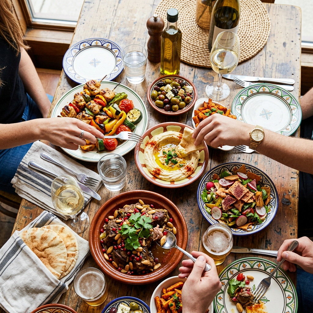Overhead shot of a colourful restaurant table spread