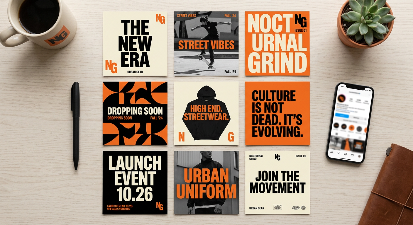 Grid of streetwear social media post designs in orange, black and cream