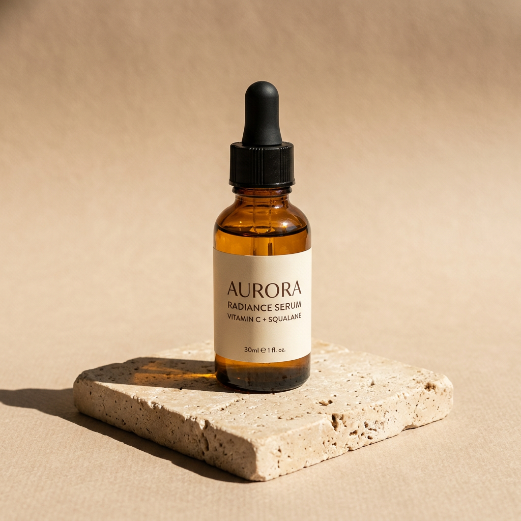 Amber serum bottle on a travertine block in warm sunlight